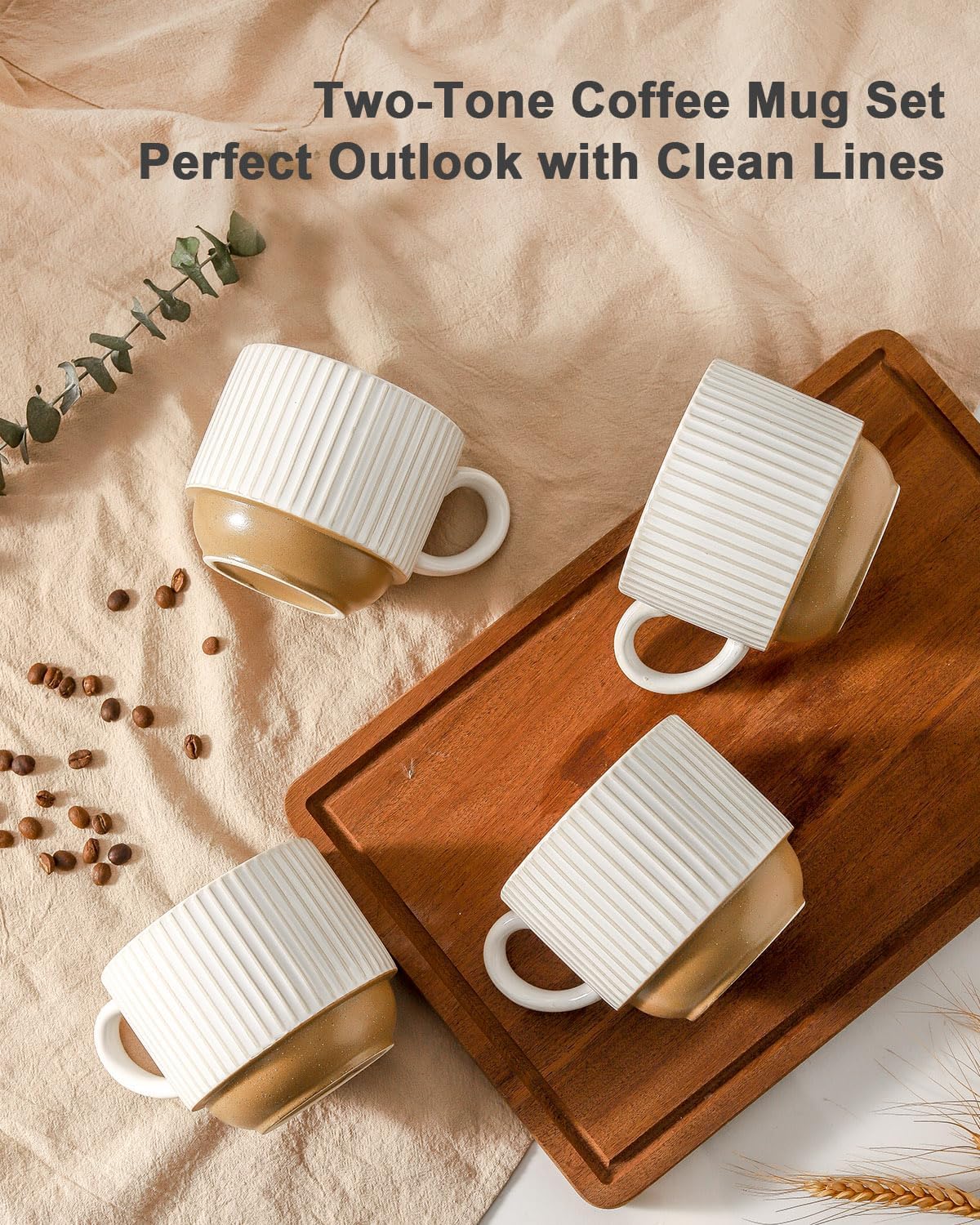 Hasense 15oz Coffee Mug Set of 4 - Stackable Ceramic Mugs with Holder - White & Light Brown Coffe Cups Set for Cappuccino, Tea, Hot Cocoa, Drinks - Wedding & Housewarming Gifts, Everyday Use