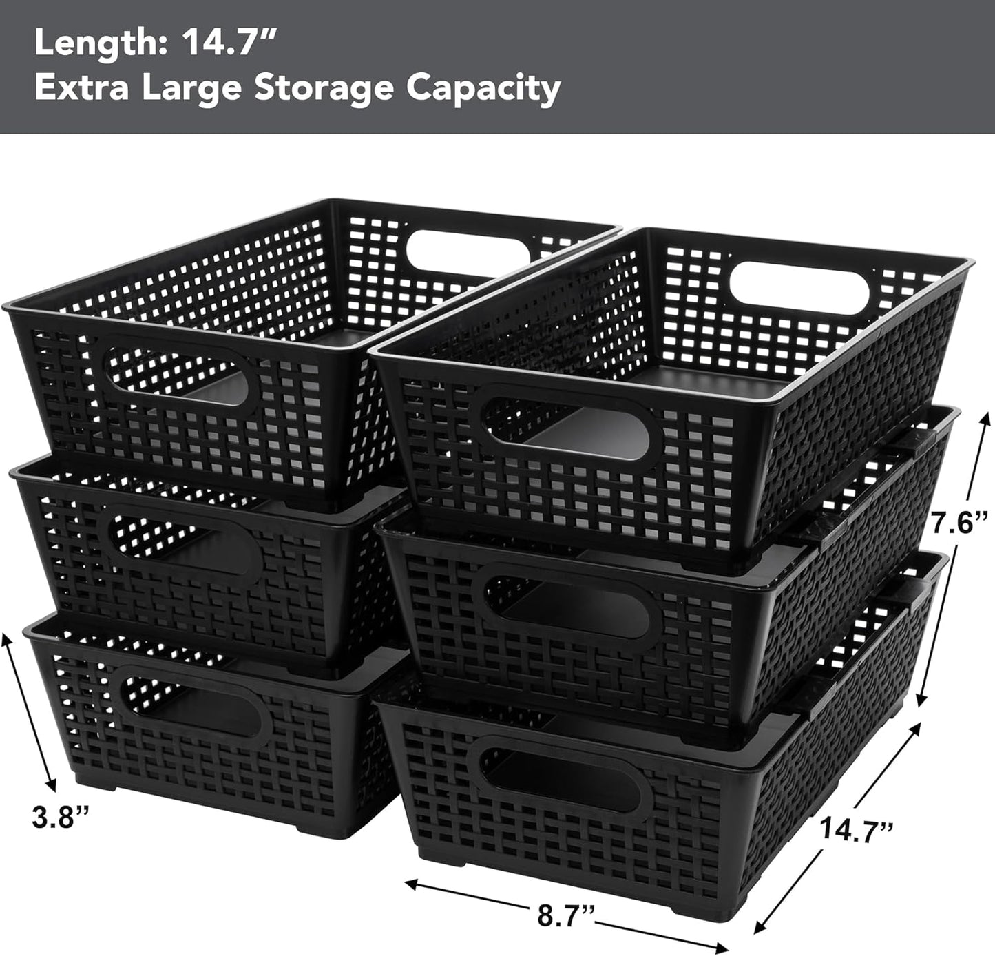 Stackable Woven Plastic Basket, Storage Bins for Cabinet, Closet, Shelf, Under Sink and Countertop, Pantry Organizer Bins, 6 Pack