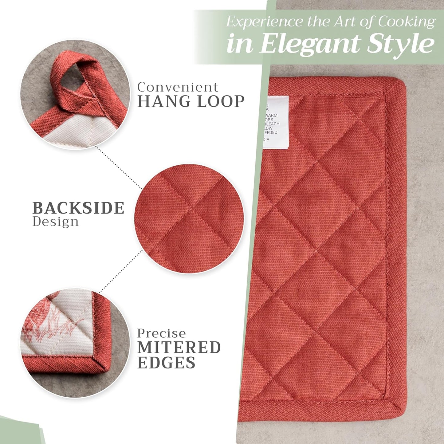 Maison d' Hermine 100% Cotton Oven Mitt & Pot Holder Set (7.5"x13" & 8"x8") Heat Resistant BBQ Cooking Gloves with Loop, Baking, Grilling, Kitchen, Handling Hot Pans (Holy Jouy - Red)