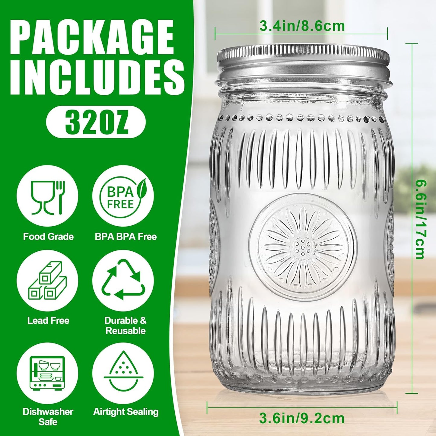 12 Pack 32 oz Wide Mouth Mason Jars with Airtight Lids - Glass Canning Jars for Food Preservation, Storage, Pickling, Crafts & DIY Projects, Durable Quart Glass Jars Dishwasher Safe