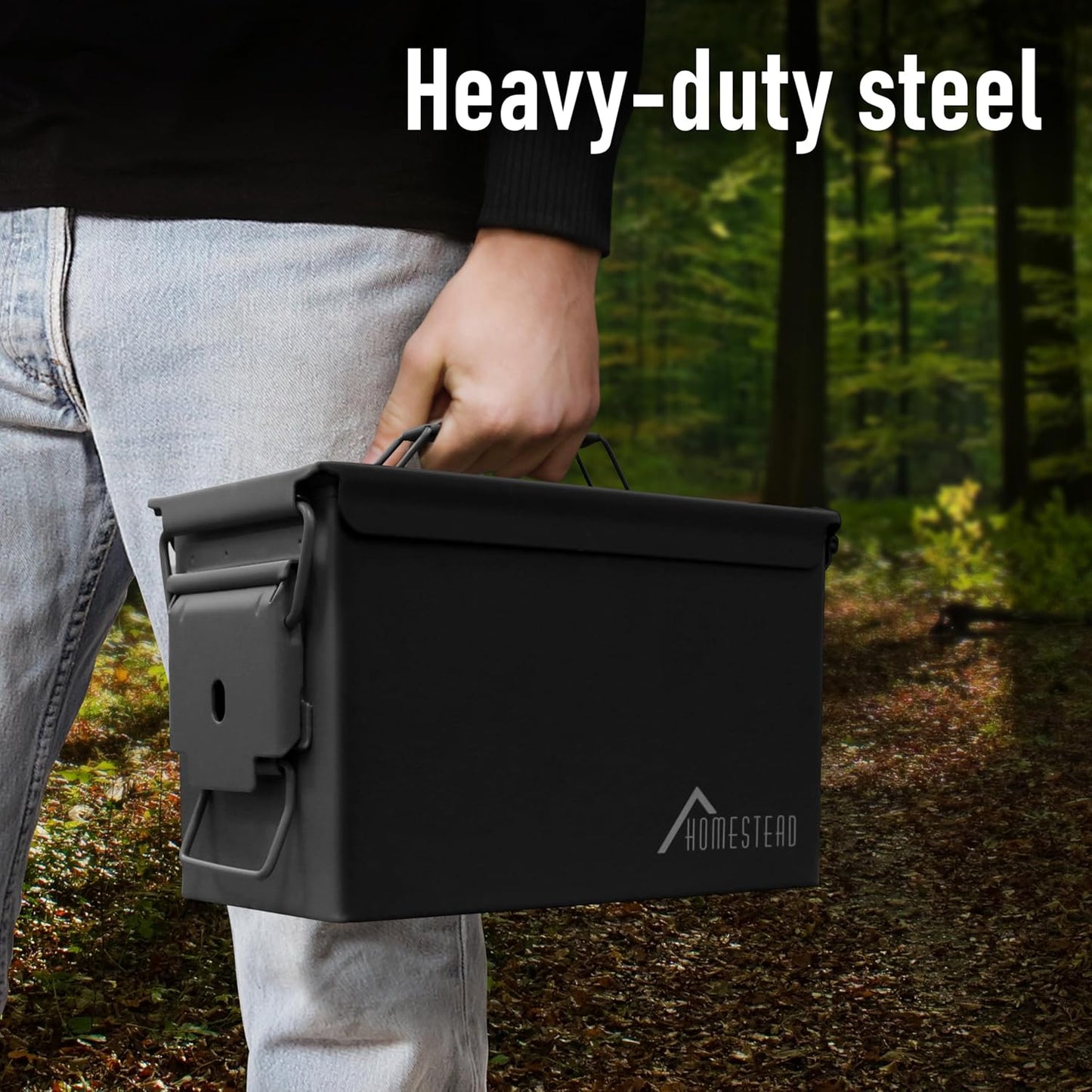 HOMESTEAD 50 Cal Metal Ammo Can – 4 Pack M2A1 Military Steel Ammo Storage Box, Airtight and Water-Resistant Ammunition, Black Color
