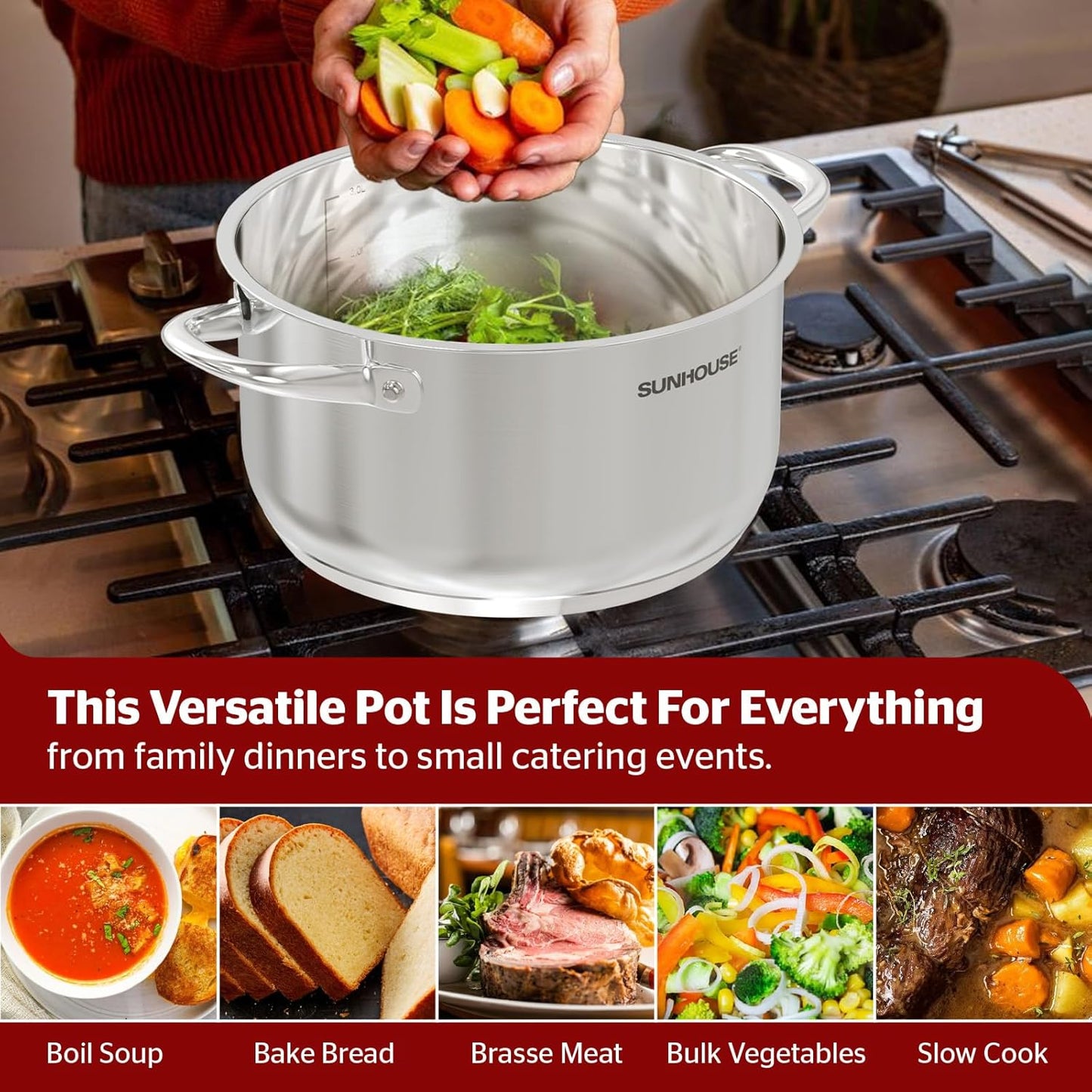 SUNHOUSE 13-Quart Stainless Steel Stockpot w/Tempered Glass Lid - Heavy-Duty, Food-Grade Cookware for Simmering, Boiling, and Induction Cooking - Exceptional Heat Distribution