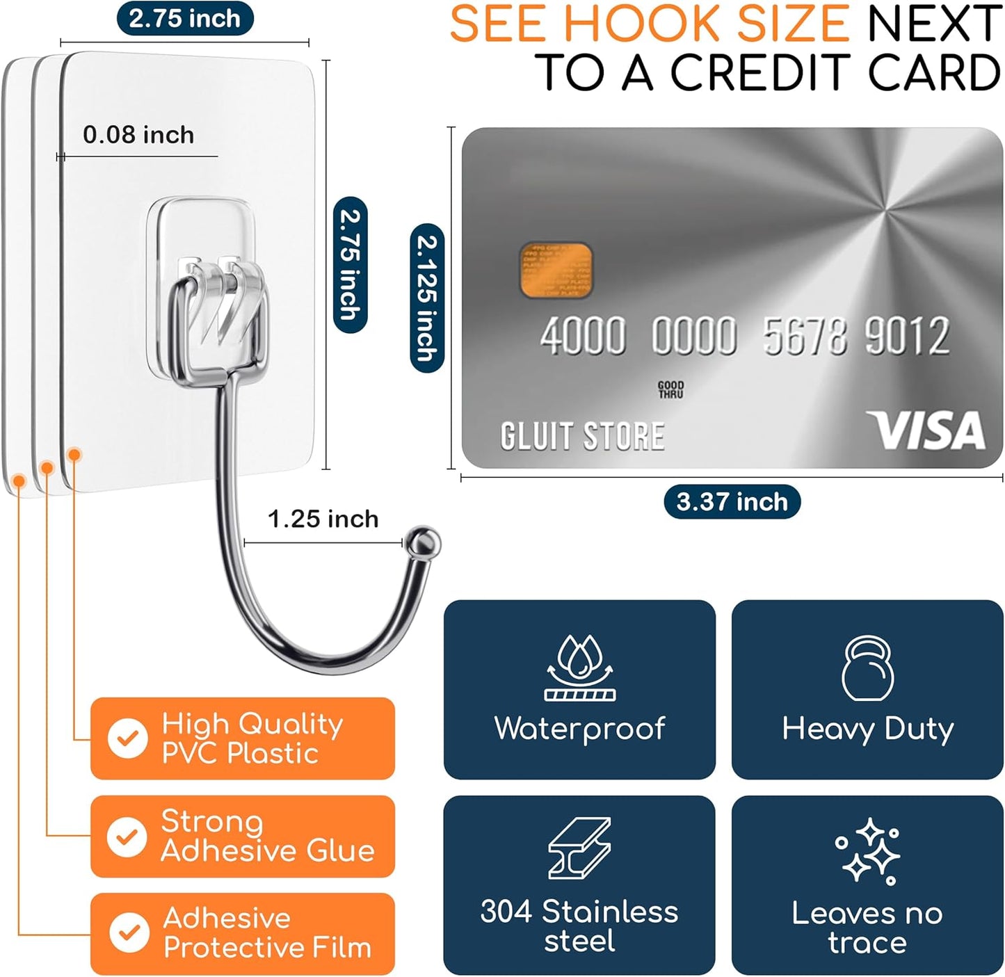 GLUIT Adhesive Large Wall Hooks for Hanging Heavy Duty 22 lbs Hook for Walls No Damage (12 Large Hooks)