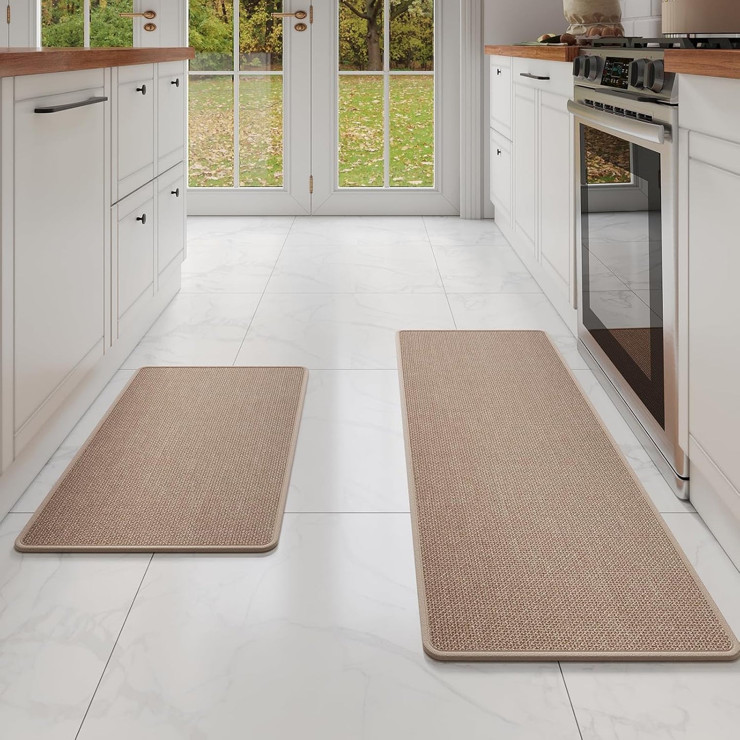 Kitchen Mat Set of 2 PCS, Cushioned Non Slip Rugs for Kitchen Floor, Absorbent Runner Comfort Standing Mats Washable for Kitchen,Floor，Office, Home （Brown 17x30+17x59）