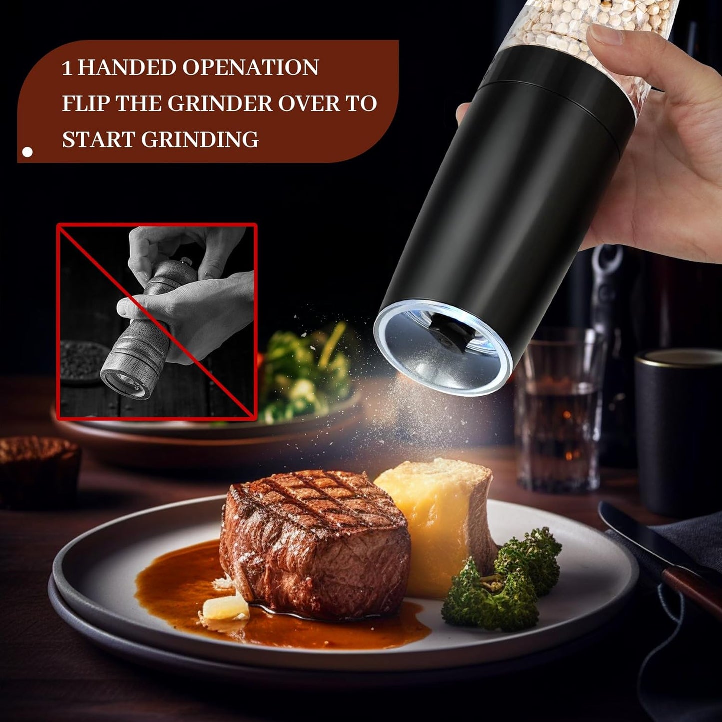 Gravity Electric Salt and Pepper Grinder Set of 2, Automatic Pepper Mill, USB Rechargeable, Adjustable Coarseness, One-handed Operation, Ceramic Burr, Refillable, Auto Grinders with LED light