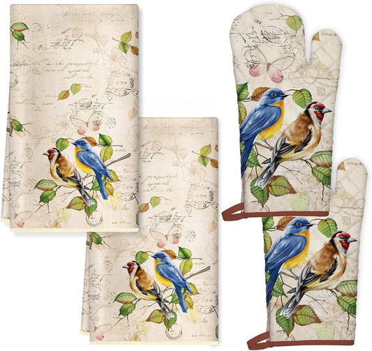 Vintage Bird Kitchen Towels and Oven Mitts Set 4Pcs, Soft Absorbent Dish Cloth Heat Resistant Oven Gloves for Cooking Baking Kitchen Decoration, Gifts for Her