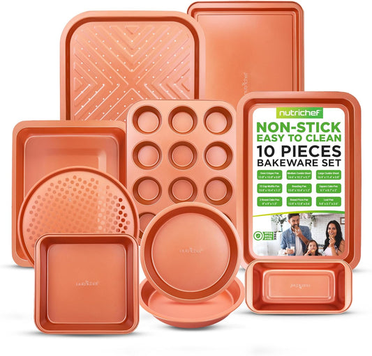 NutriChef 10-Piece Nonstick Oven Baking Pan Set - Premium Carbon Steel Bakeware w/Cookie Sheets, Loaf & Cupcake Pans, Perforated Crisper Pans, Round & Square Roasting Pans, Easy to Clean - Copper