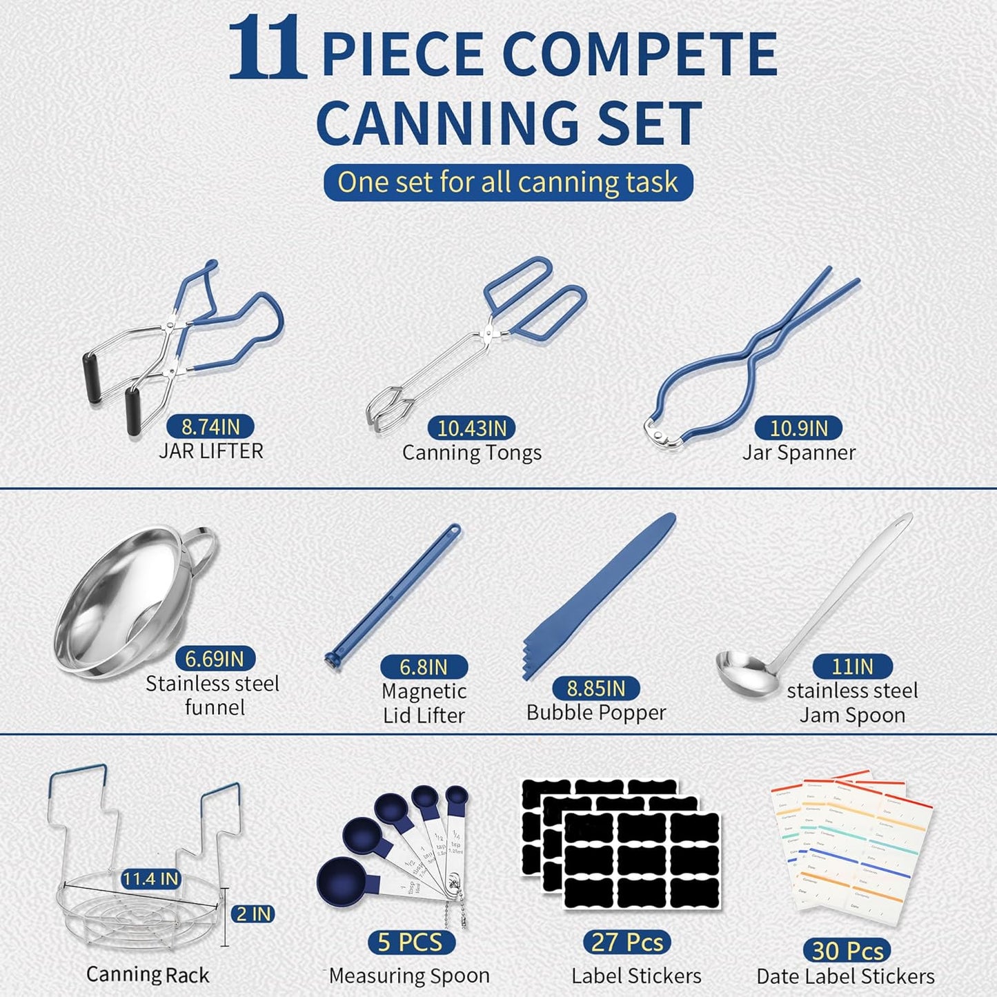 Canning Supplies Starter Kit,Canning Kit for Beginners of 11 with Rack, Jar Lifter,Funnel,Wrench,Tongs,Lid Lifter,Bubble Popper,Labels,ladle,Measuring spoon-Blue