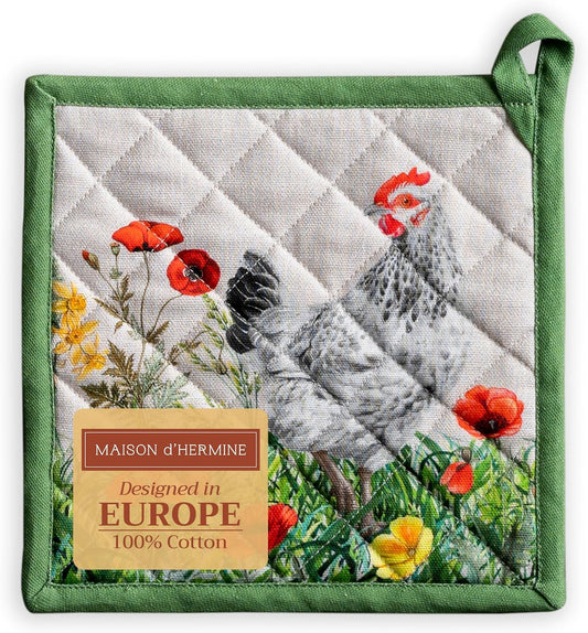 Maison d' Hermine Pot Holders 100% Cotton Heat Resistant Potholders 8" x 8" Hot Pads with Loop BBQ, Cooking, Baking, Grilling, Kitchen, Handling Hot Pans Spring/Summer (Pack of 1, Basse Cour)