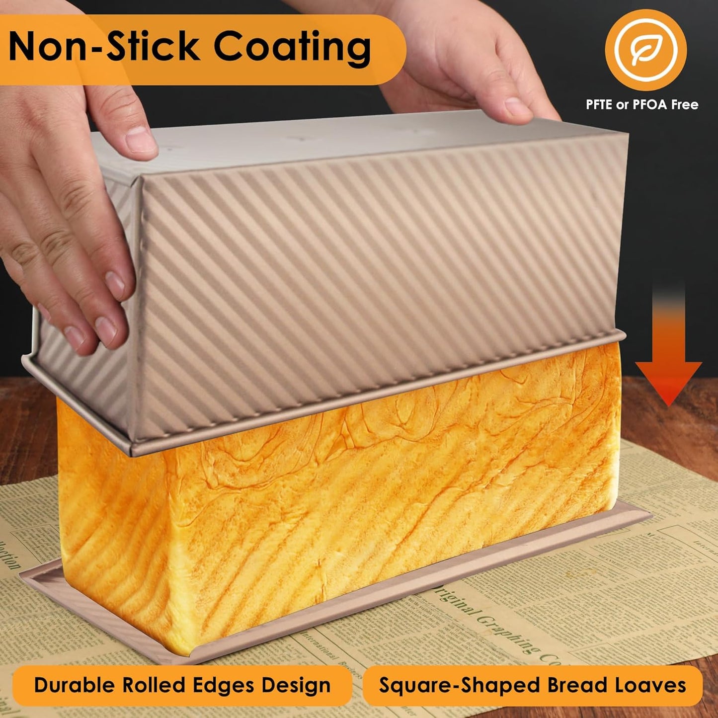 2-pack 2.2lb Gold Pullman Loaf Pan with Lid, Premium Non-Stick Coating Bread Pan, PFTE and PFOA-Free, Safe and Healthy Baking for Homemade Bread with Family-sized Recipes