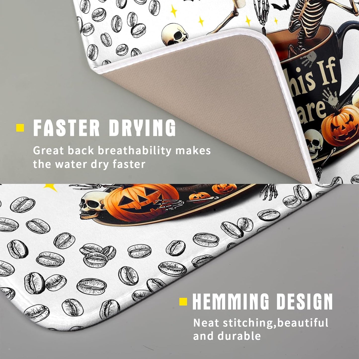 Funny Skull Coffee Matt for Counter Skeleton Dish Drying Mat Halloween Decoration for Home Coffee Bar