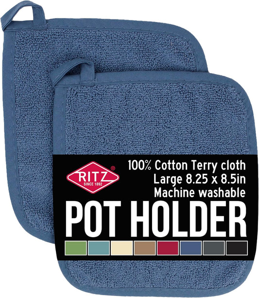 RITZ Terry Potholder & Hot Pad: Unparalleled Heat Resistant, Durable 100% Cotton – Ergonomically Designed for Optimal Grip – Easy-Care Machine Washable – 2-Pack, Federal Blue