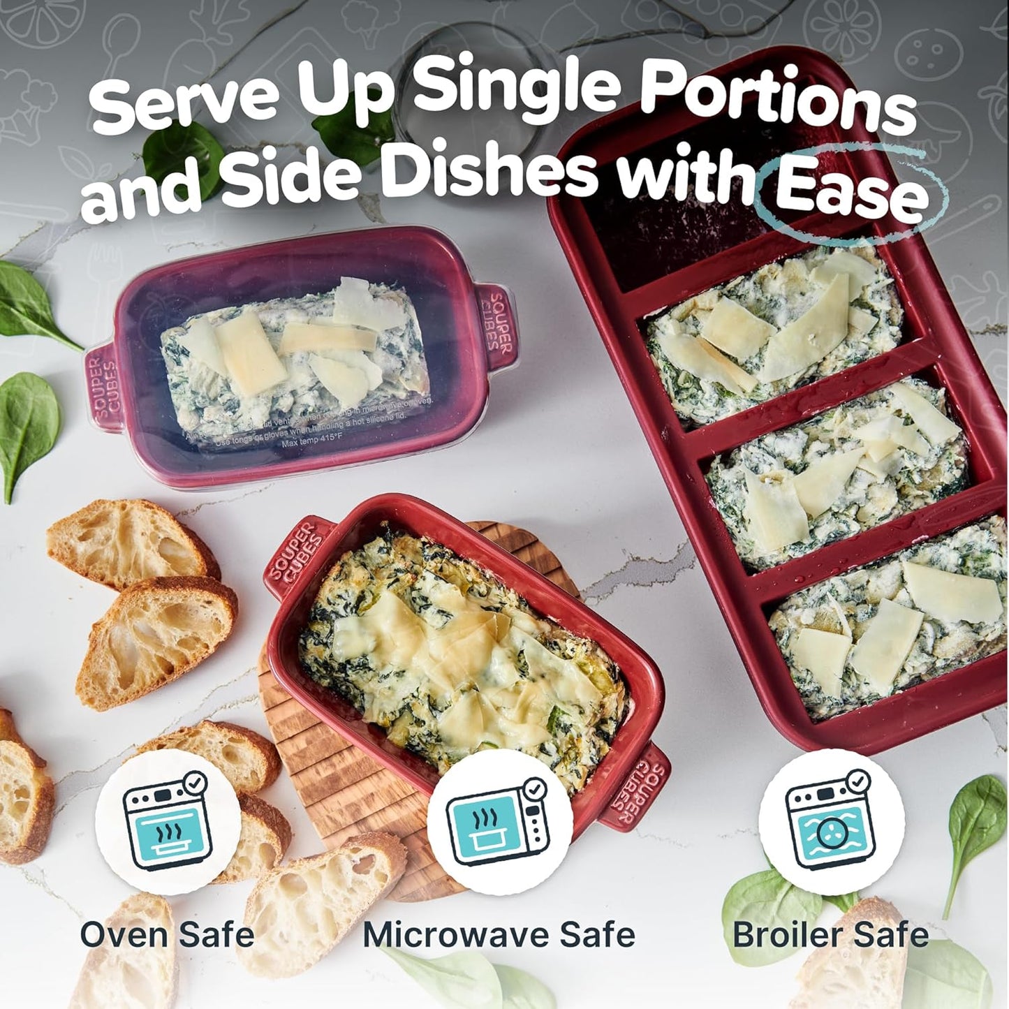 Souper Cubes Stoneware - Small Ceramic 5" x 3" Baking Dish with Silicone Covers, Small Baking Dishes for Oven Perfect for Reheating Single Serve Portions, Set of 4 - Cranberry