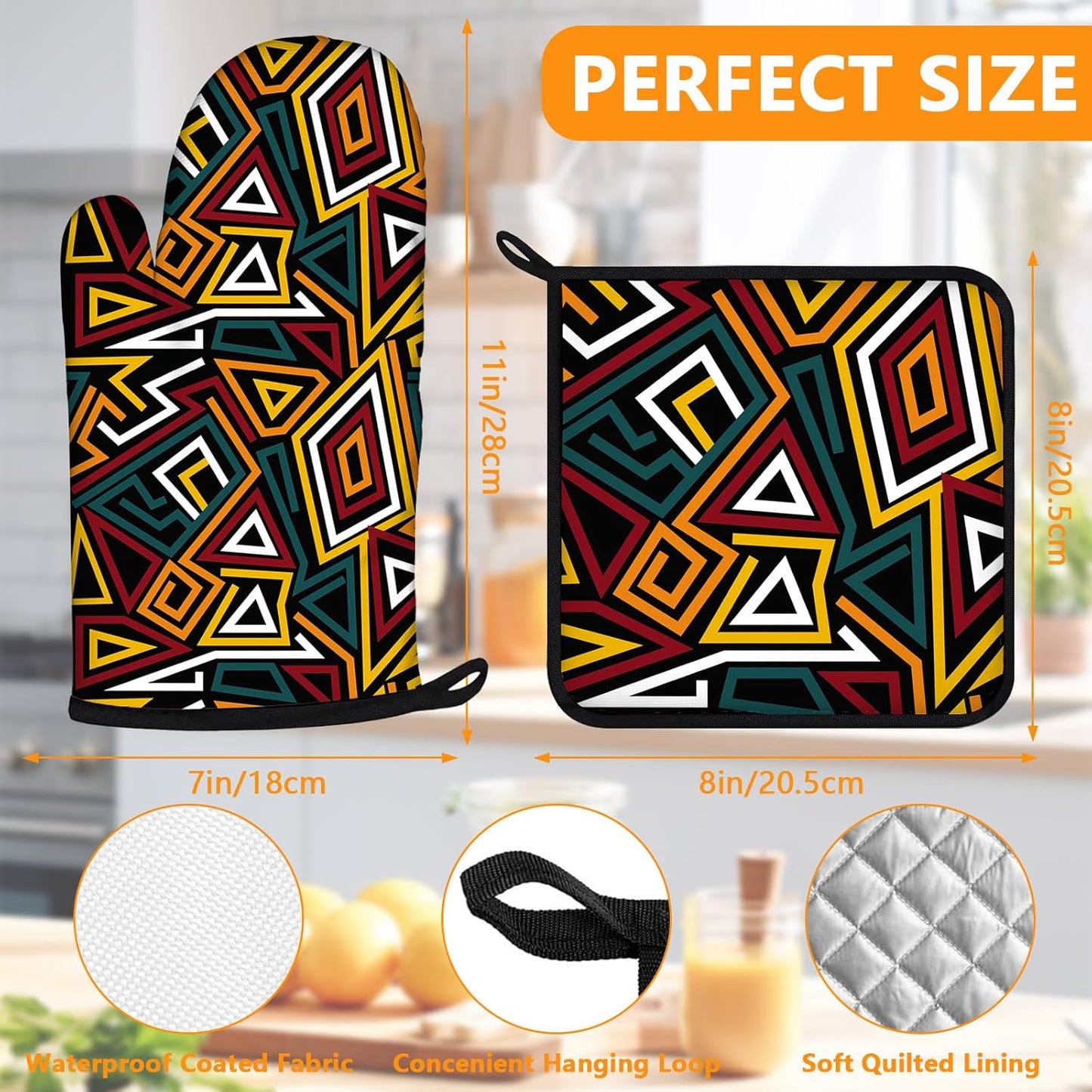 African Geometric Oven Mitts and Pot Holders Sets 4Pcs,Extra Long Oven Gloves Potholder for Kitchen Cooking Baking BBQ 100% Cotton Heat Resistant