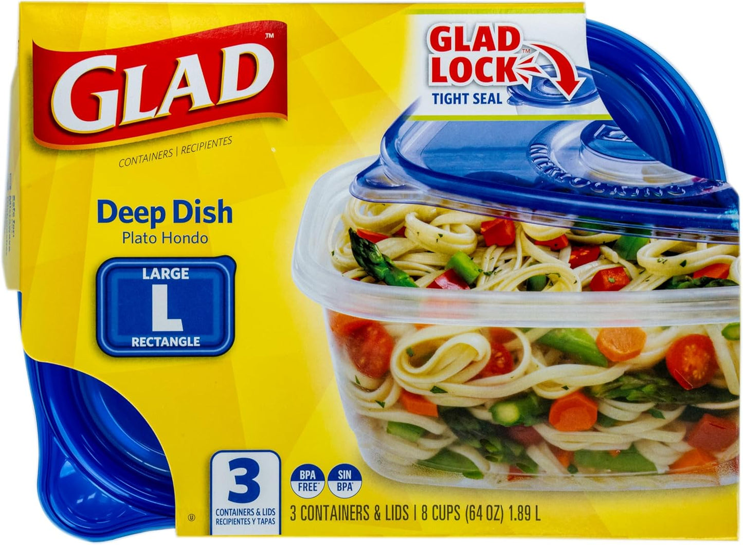 Glad GladWare Deep Dish Food Storage Containers, Large Rectangle - Meal Container Holds up to 64 Ounces of Food - Lock Tight Seal, 3 Count - 6 Pack