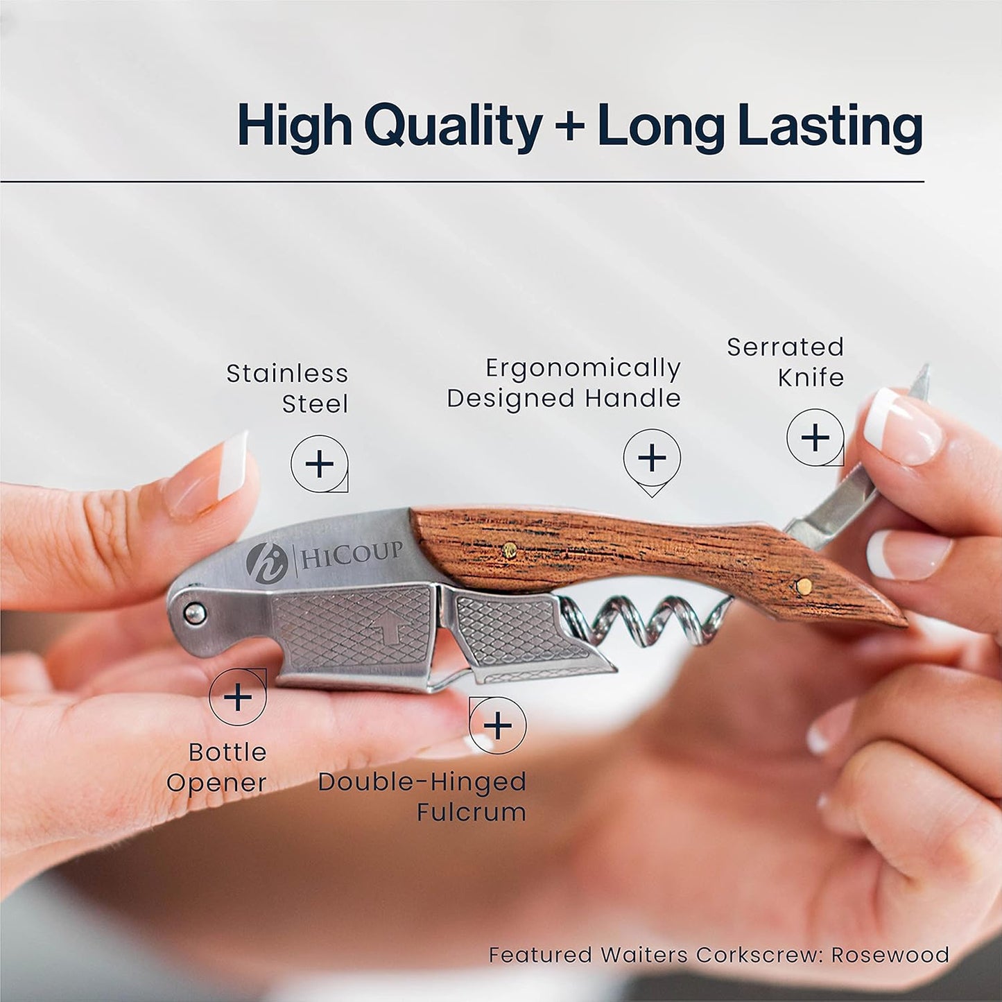 Hicoup Wine Opener - Professional Corkscrews for Wine Bottles w/Foil Cutter and Cap Remover - Manual Wine Key for Servers, Waiters, Bartenders and Home Use - Stainless Steel With Pakka Wood Inlay