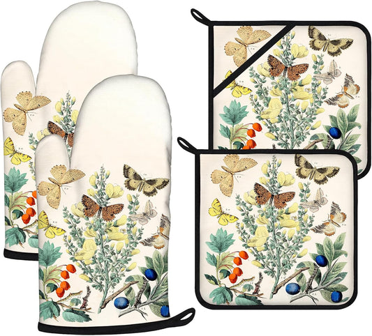 Wildflowers Butterfly Oven Mitts and Pot Holders Sets 4Pcs,Extra Long Oven Gloves Potholder for Kitchen Cooking Baking BBQ 100% Cotton Heat Resistant