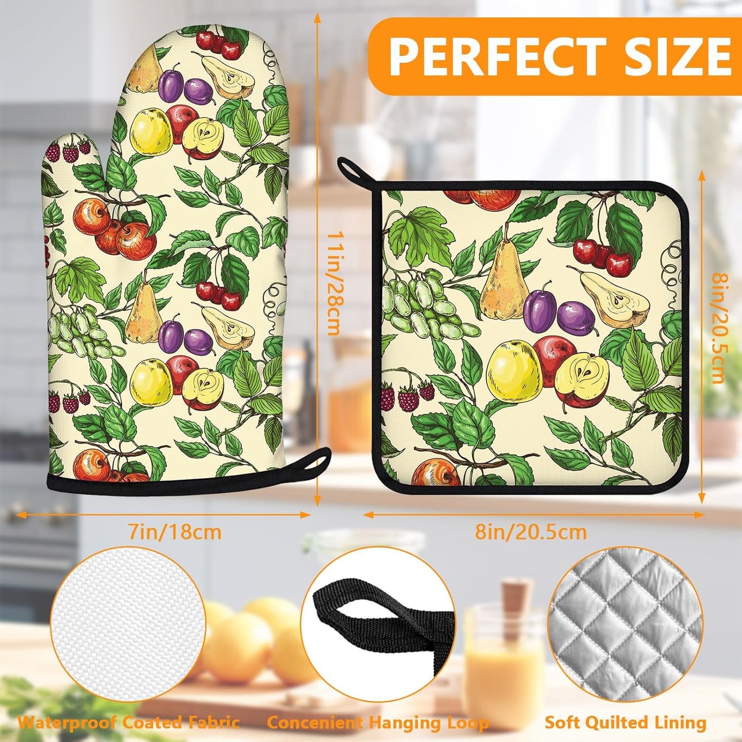 Fruit Oven Mitts and Pot Holders Sets 4Pcs,Extra Long Oven Gloves Potholder for Kitchen Cooking Baking BBQ 100% Cotton Heat Resistant