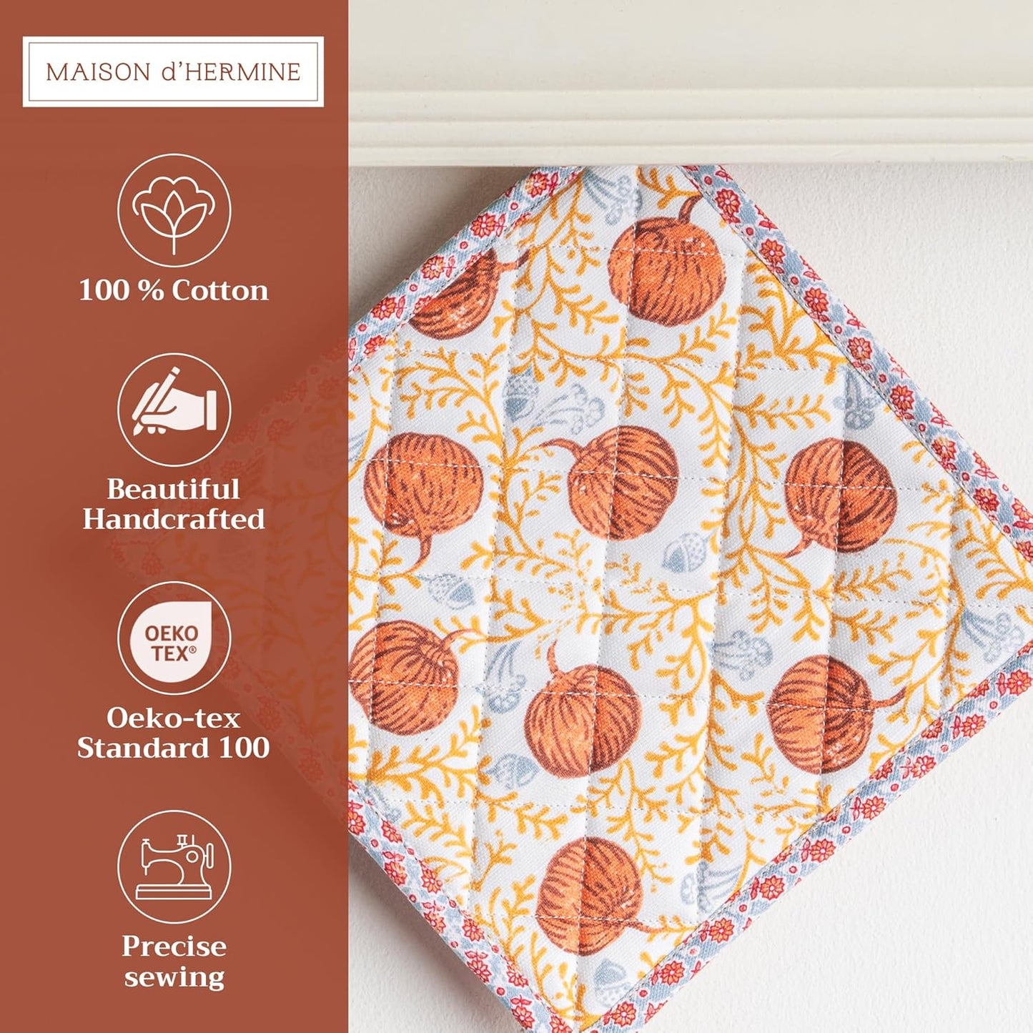 Maison d' Hermine Pot Holders 100% Cotton Heat Resistant Potholders 8" x 8" Hot Pads with Loop BBQ, Cooking, Baking, Grilling, Kitchen, Handling Hot Pans (Pack of 1, Harvest Festival)
