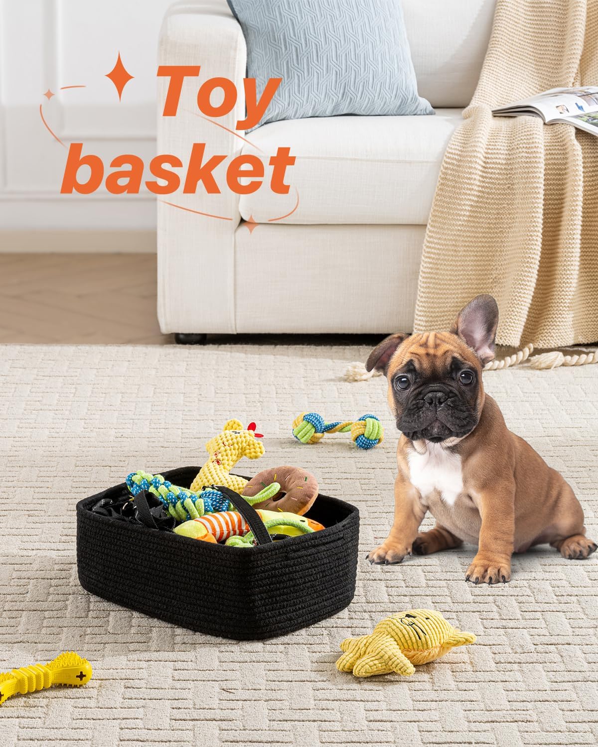 Small Woven Basket, 13.5 x 9.5 x 5 Inches, Storage Basket for Organizing, Cute Small Rope Shelf Closet Cube Storage Bins Baskets for Shelves, Dog Toy Gift Baskets Empty, 3 Packs, Black