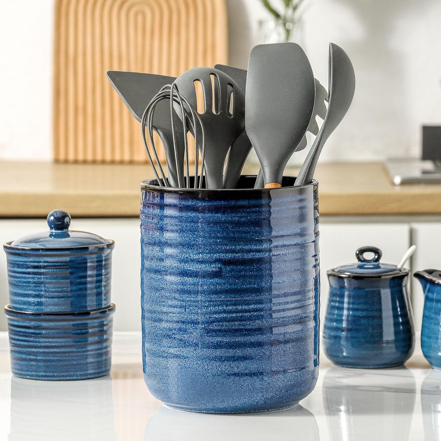 Hasense Kitchen Utensil Holder, 7.4" x 6.2" Ceramic Utensil Holder for Countertop, Stable Cooking Utensil Organizer Crock for Spatula, Modern Kitchen Decor for Christmas, Blue