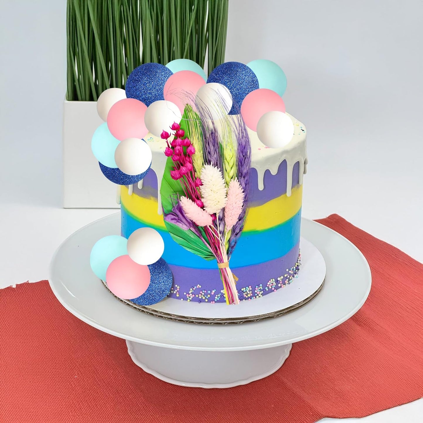 Gyufise 21 Pack Flower Boho Cake Topper Ball Cake Decorations Palm Leaves Plants Cake Decor for Girl Bohemian Princess Theme Wedding Baby Shower Birthday Party Supplies Blue Pink