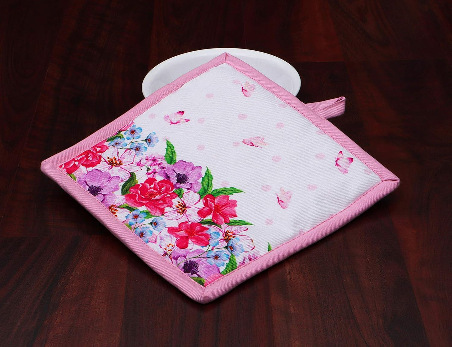 AMOUR INFINI Pot Holders Heat Resistant Cotton Set of 2 Nonslip 8"x8" Inch Hot Pads for Kitchen, BBQ, Baking & Cooking with Hanging Loops (Spring Floral)