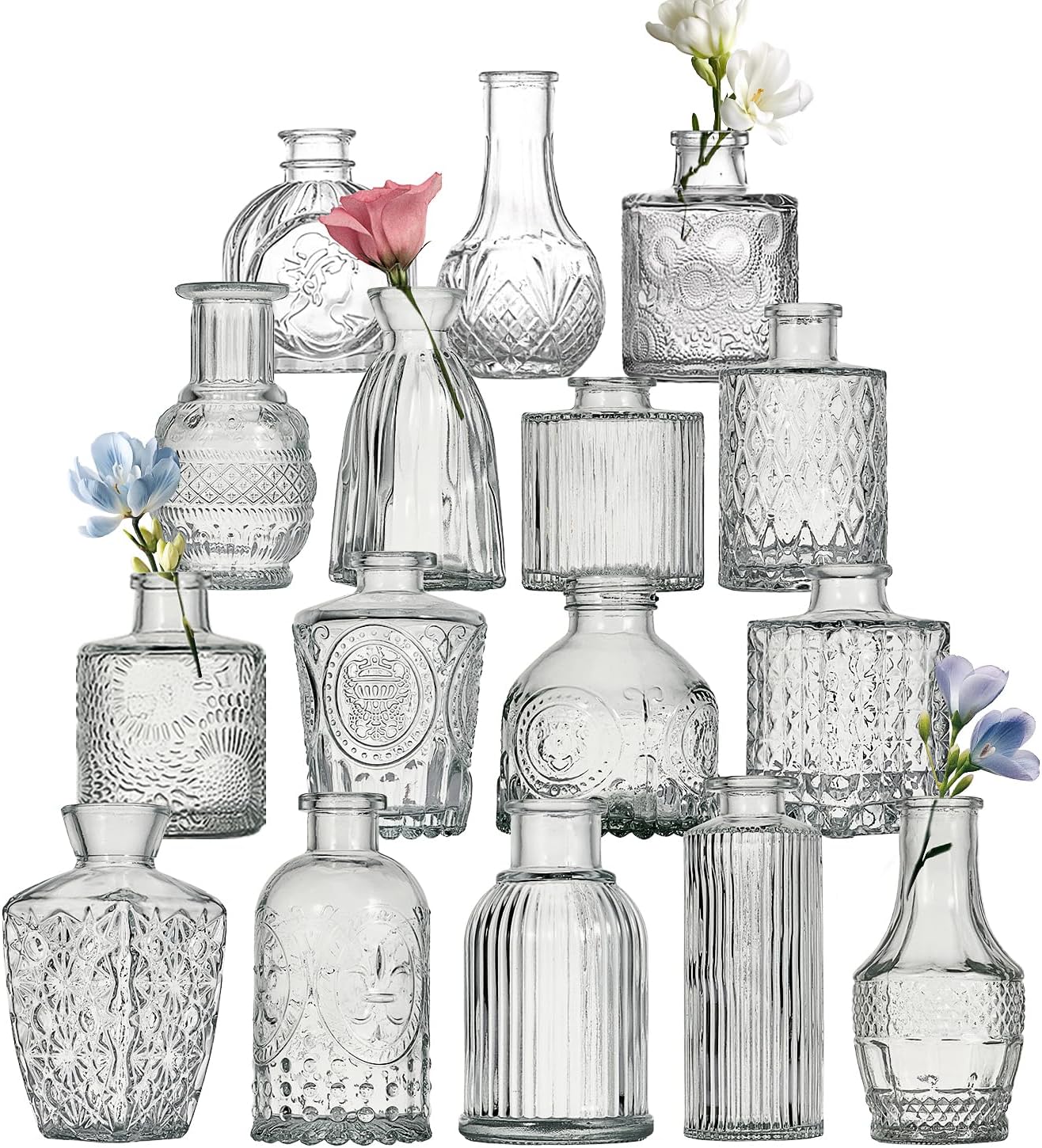 Glass Bud Vase Set of 16 Pcs Small Minimalist Vases for Flowers, Vintage Rustic Home Decor for Table Centerpiece Wedding Party, Modern Clear Aromatherapy Bottle for Living Room Bedroom