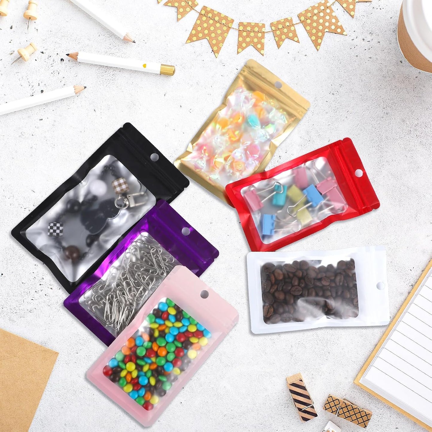 200 Pack Resealable Mylar Holographic Bags Food Storage Smell Proof Bags with Front Window Foil Packaging Pouch for Candy Sample Jewelry Small Business 4.13×5.91 Inch, Red