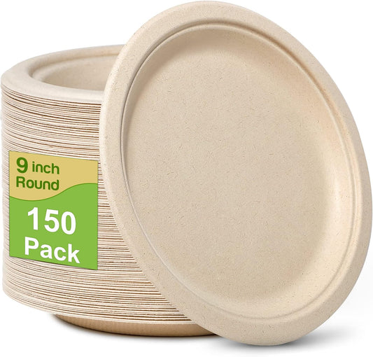 Paper Plates 9 inch, 150 Pack Compostable Paper Plates, Eco Friendly Disposable Plates, Brown Paper Plates Heavy Duty, Sturdy Paper Plates for Everyday, Biodegradable Plates