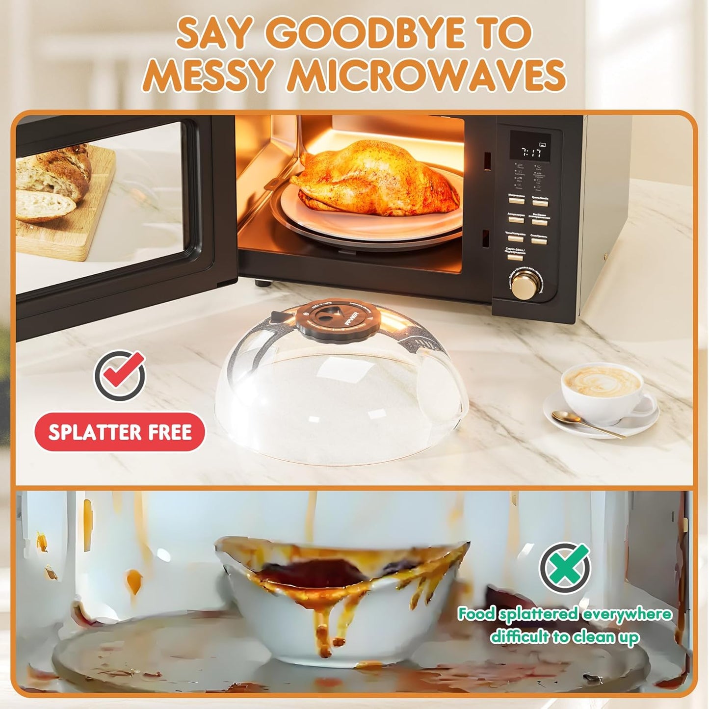 Microwave Splatter Cover for Food, Plastic Microwave Cover with Water Steamer and Integrated Handle, 10 Inch Splatter Guard Lid with Plate, Kitchen Gadgets & Accessories (Gray, 10 inch)