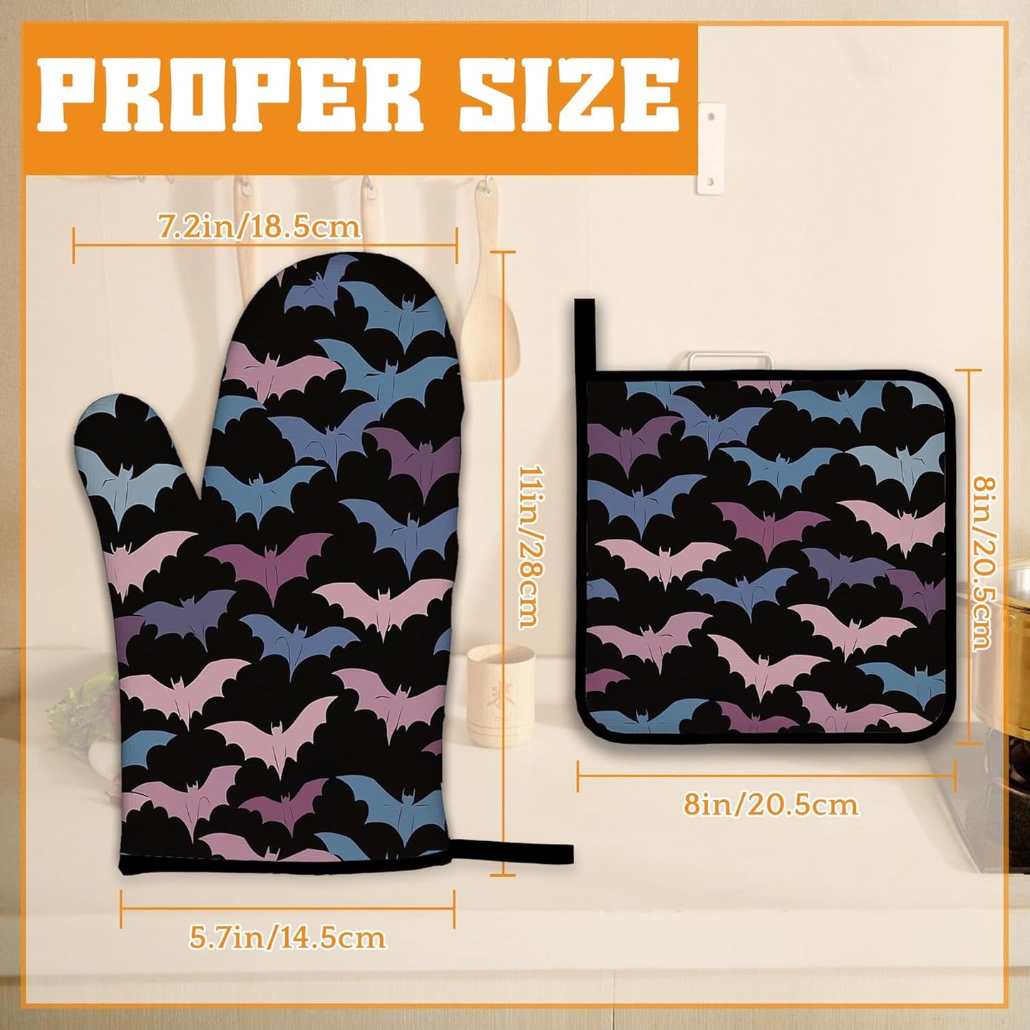 Colorful Bats Oven Mitts and Pot Holders Set,Kitchen Oven Gloves and Pot Holder with Heat Resistant Non Slip for Cooking Baking Grilling(4 Piece Set)