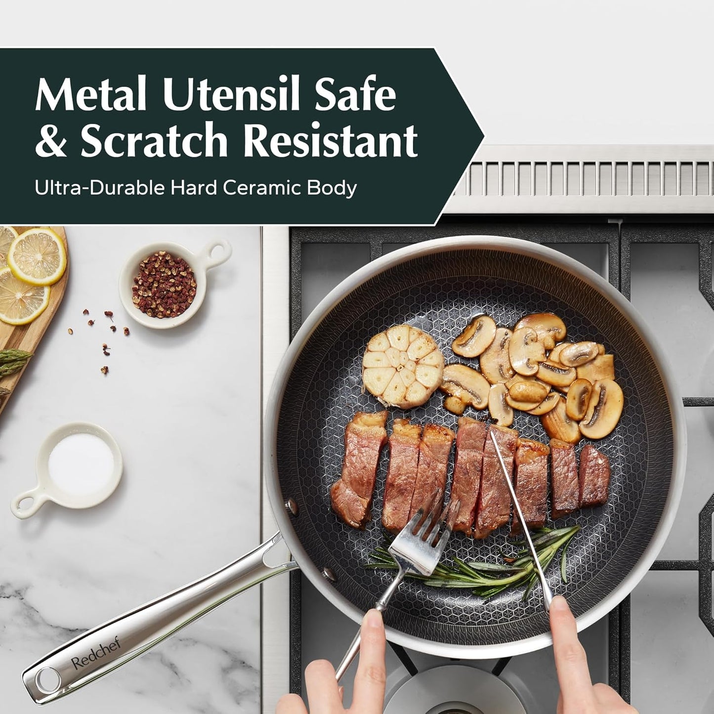 Redchef Non Stick Frying Pans, Hybrid Ceramic Frying Pan, Nonstick Skillet with Stay-Cool Handle, Non Toxic, PFAS PFOA & PTFE Free, Dishwasher & Oven Safe, Compatible All Cooktops (Black, 8 inch)