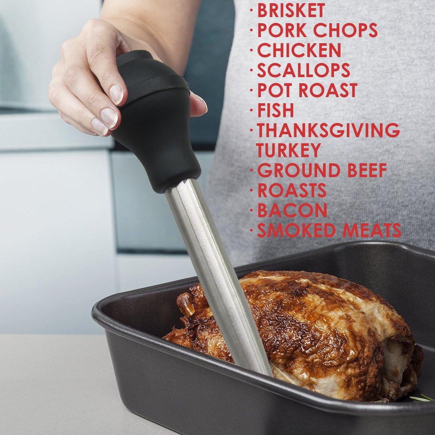 KAYCROWN Stainless Steel Turkey Baster Commercial Grade Quality Silicone Bulb Including 2 Marinade Injector Needles And Basting Brush