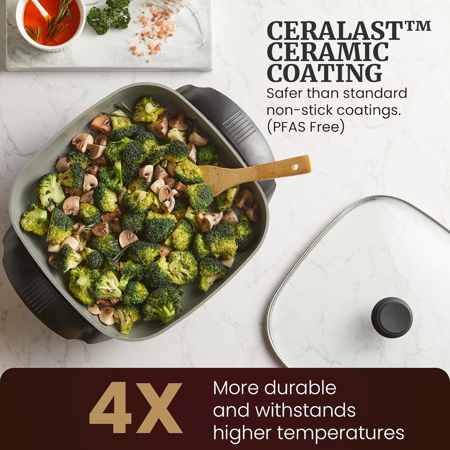 Elite Gourmet 12" x 12" x 3” Ceralast™ Ceramic Non-stick PFAS Free, Dishwasher Safe Electric Skillet, Xtra Deep Dish, Rapid Heat 1200W, Black