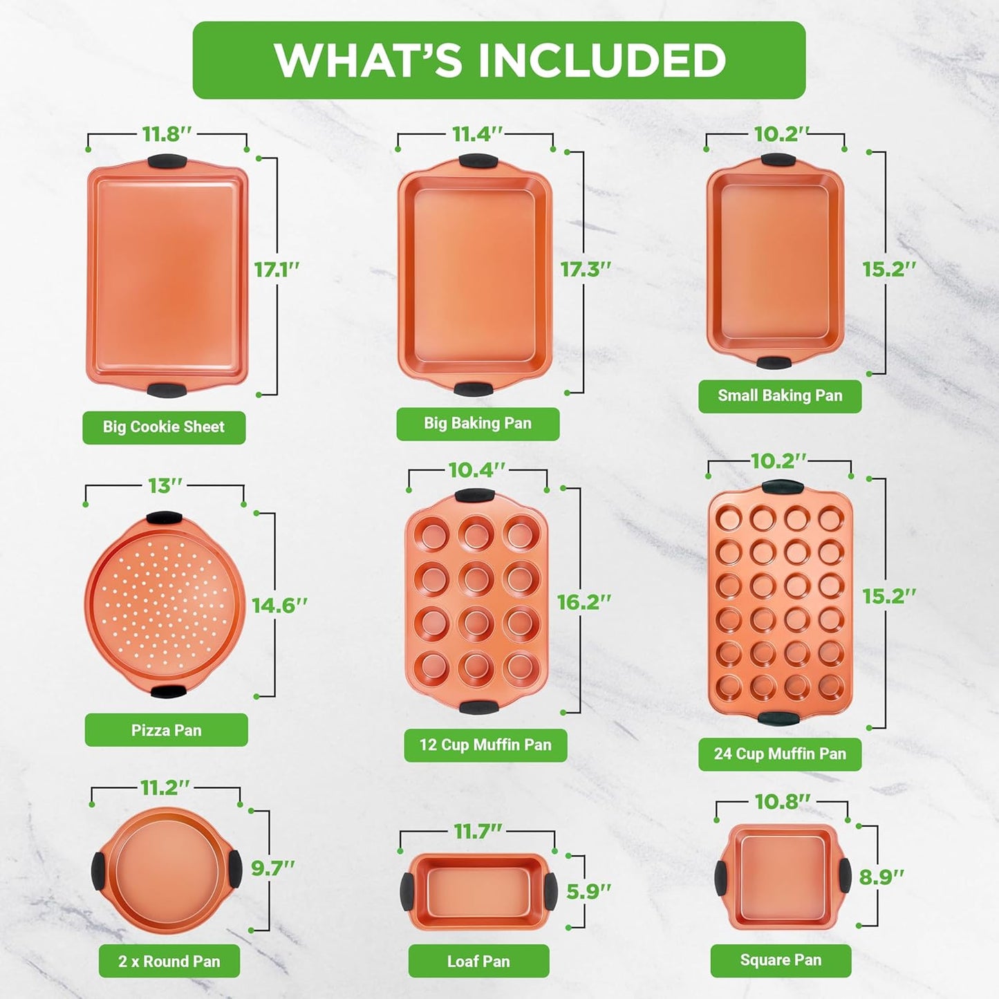 NutriChef 10-Piece Nonstick Baking Pan Set – Durable Carbon Steel Bakeware with Silicone Handles – Bakeware set Includes Cookie Sheet, Muffin, Cake, Pizza & Roasting Pans – Even Heating, Easy Cleanup