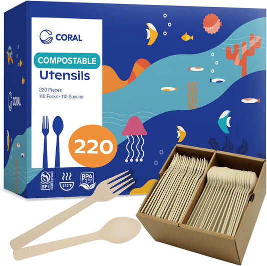 CORAL Light Brown 100% Compostable Spoons & Forks Set - 220 Pieces - No Plastic Utensil 110 Forks, 110 Soup Spoons - Break Resistant with Smooth Edges, Ocean Friendly Alternative to Plastic Silverware