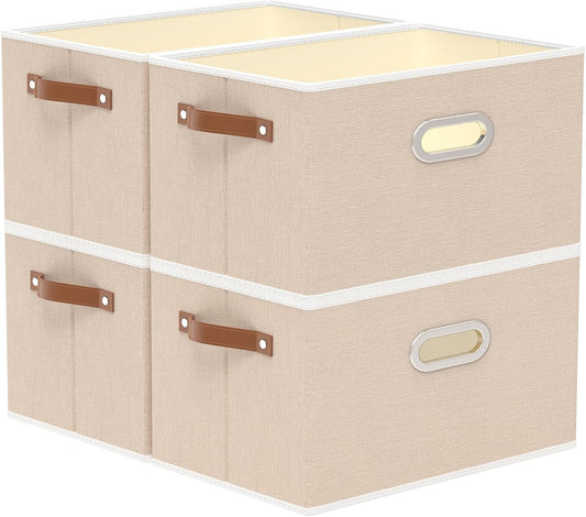 Yawinhe Fabric Storage Bins with Handles, Foldable Baskets for Shelves, Cubes with 3 Handles, Large Boxes for Clothes, Beige, 16.9''Lx11.8''Wx10.2''H, 4-Pack