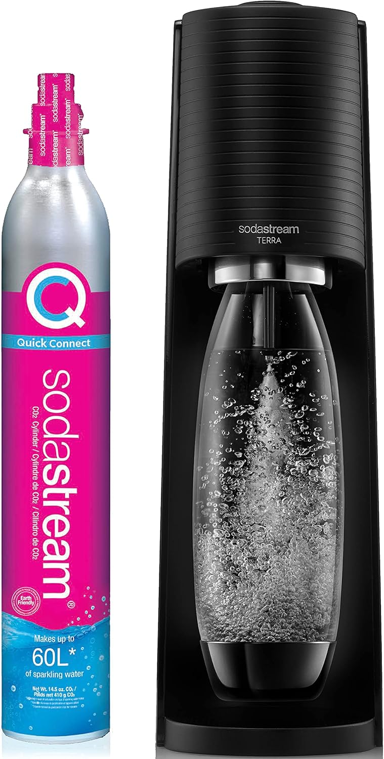SodaStream Terra Sparkling Water Maker Bundle (Black), with CO2, DWS Bottles, and Bubly Drops Flavors