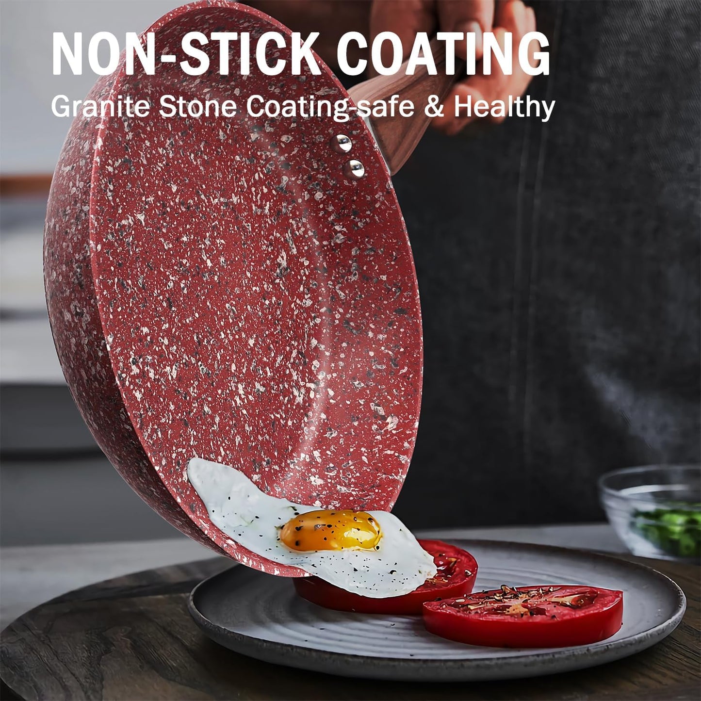 KOCH SYSTEME CS 12" Red Granite Non-Stick Frying Pan with Lid, Classic Pans with Non-toxic Nonstick Coating, Aluminum Skillet with Heat-resistant Bakelite Handle, Induction Compatible Frying Pan