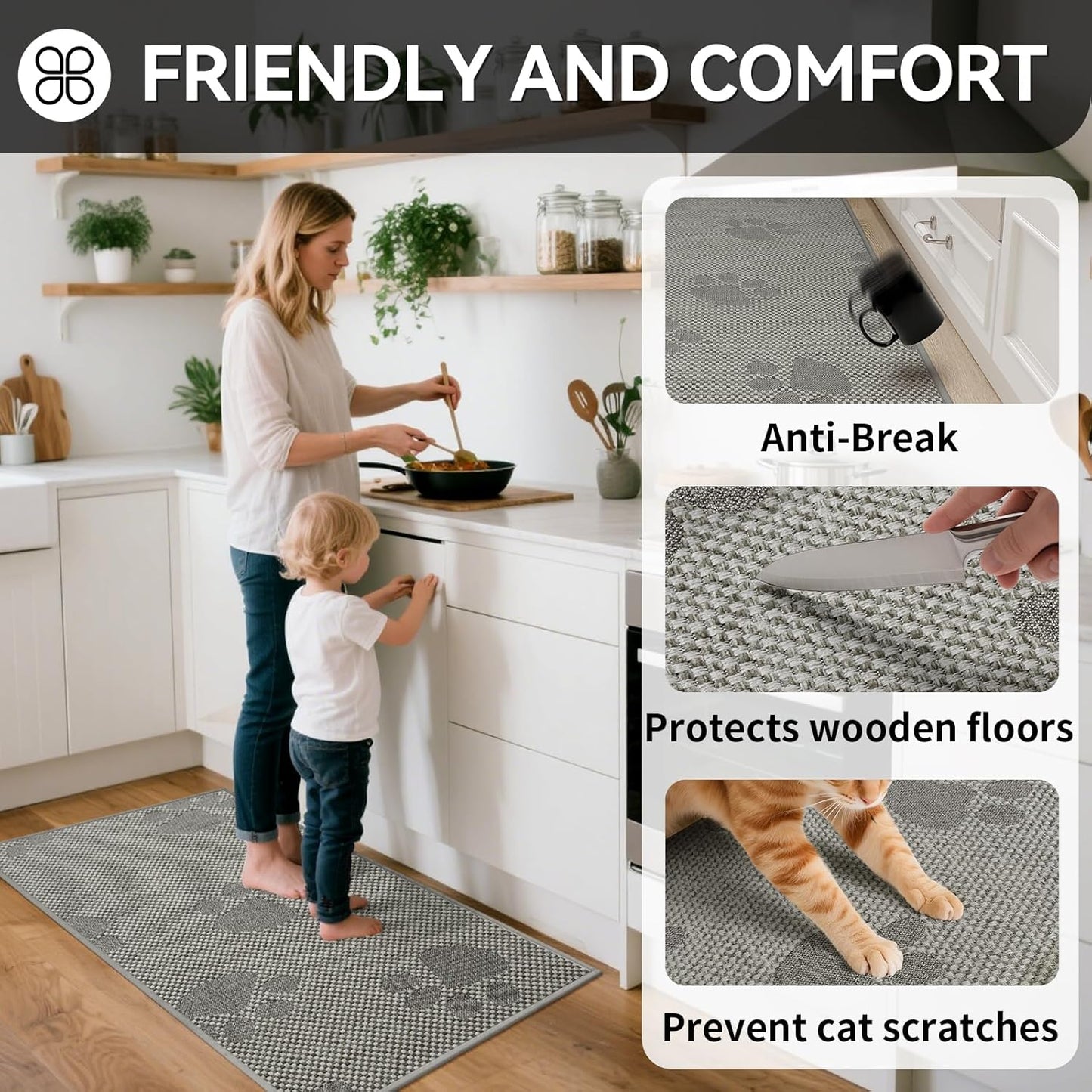 Kitchen Mats for Floor, Super Absorbent Kitchen Rugs Non Slip Washable, Rubber Backing Soft Woven Linen Embroidery Runner Rug, Standing Mat Kitchen Sink Mat, Easy to Clean, Gray 17x30