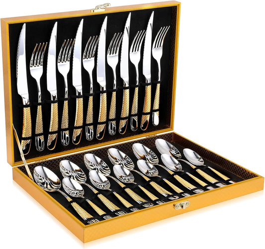 Hammered Silver Gold Silverware Set, OGORI 24-Piece 18/10 Stainless Steel Flatware Set, Service of 6