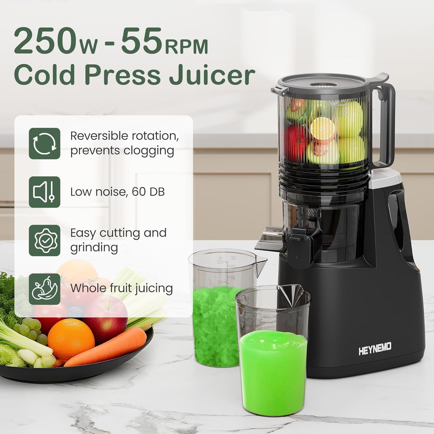 Heynemo Juicer Machines, 5.9" Wide Feed Chute Cold Press Juicer for Whole Vegetable & Fruit, 250W Slow Masticating Juicer Machines with with Dual-Layer Strainer, Easy to Clean,High Juice Yield, Black