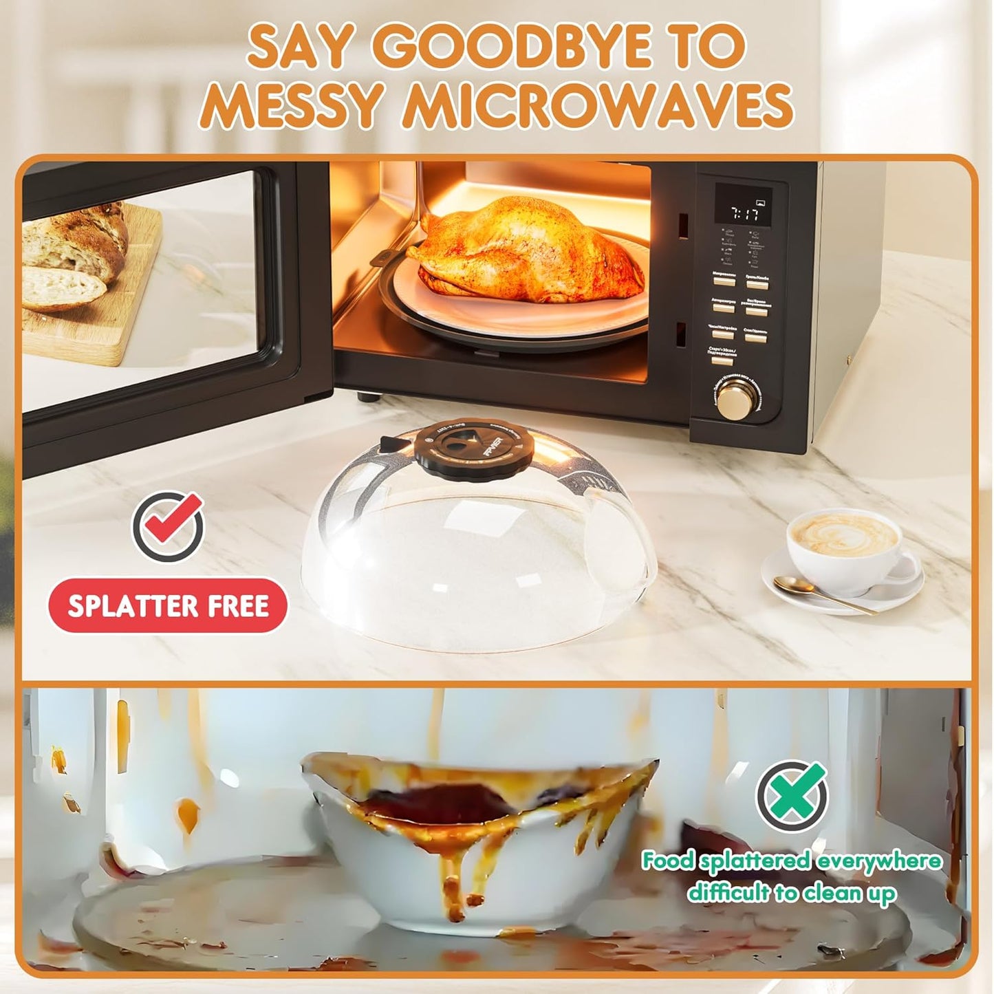 Microwave Splatter Cover for Food, Plastic Microwave Cover with Water Steamer and Integrated Handle, 10 Inch Splatter Guard Lid with Plate, Kitchen Gadgets & Accessories (Black, 10 inch)