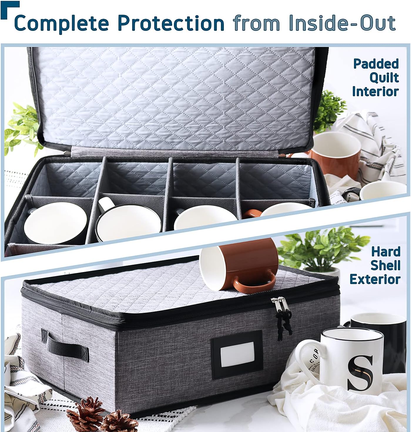 Hearth & Harbor Coffee Mug Storage, Quilted and Stackable Coffee Cup Storage Organizer for Service of 12, Mug Storage Box with Dividers, China Containers Hard Shell for Moving and Organization, Grey