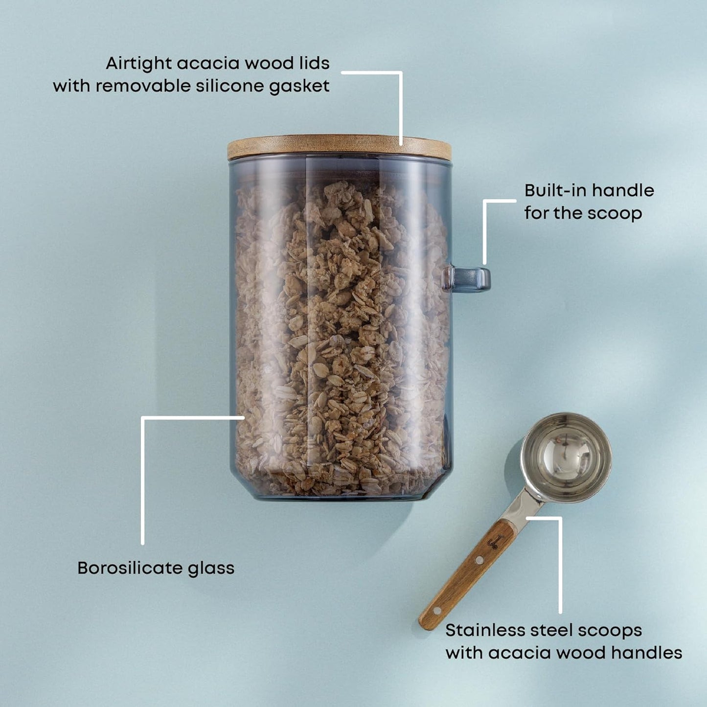 JoyJolt Holden 32oz Stackable Glass Storage Containers with Lids and Scoops, Airtight Food Canister Set of 3 w/Acacia Wood Lids, Round Stacking Pantry and Kitchen Containers w/Scoop | Smoke Blue