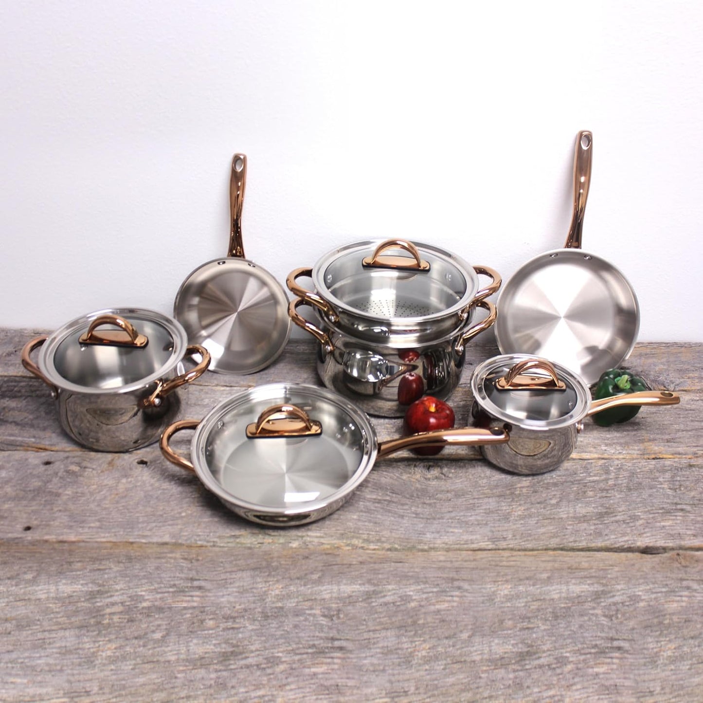 BergHOFF 11 Piece Ouro Cookware Set with Gold Handles and Glass Lids, Silver/Rose