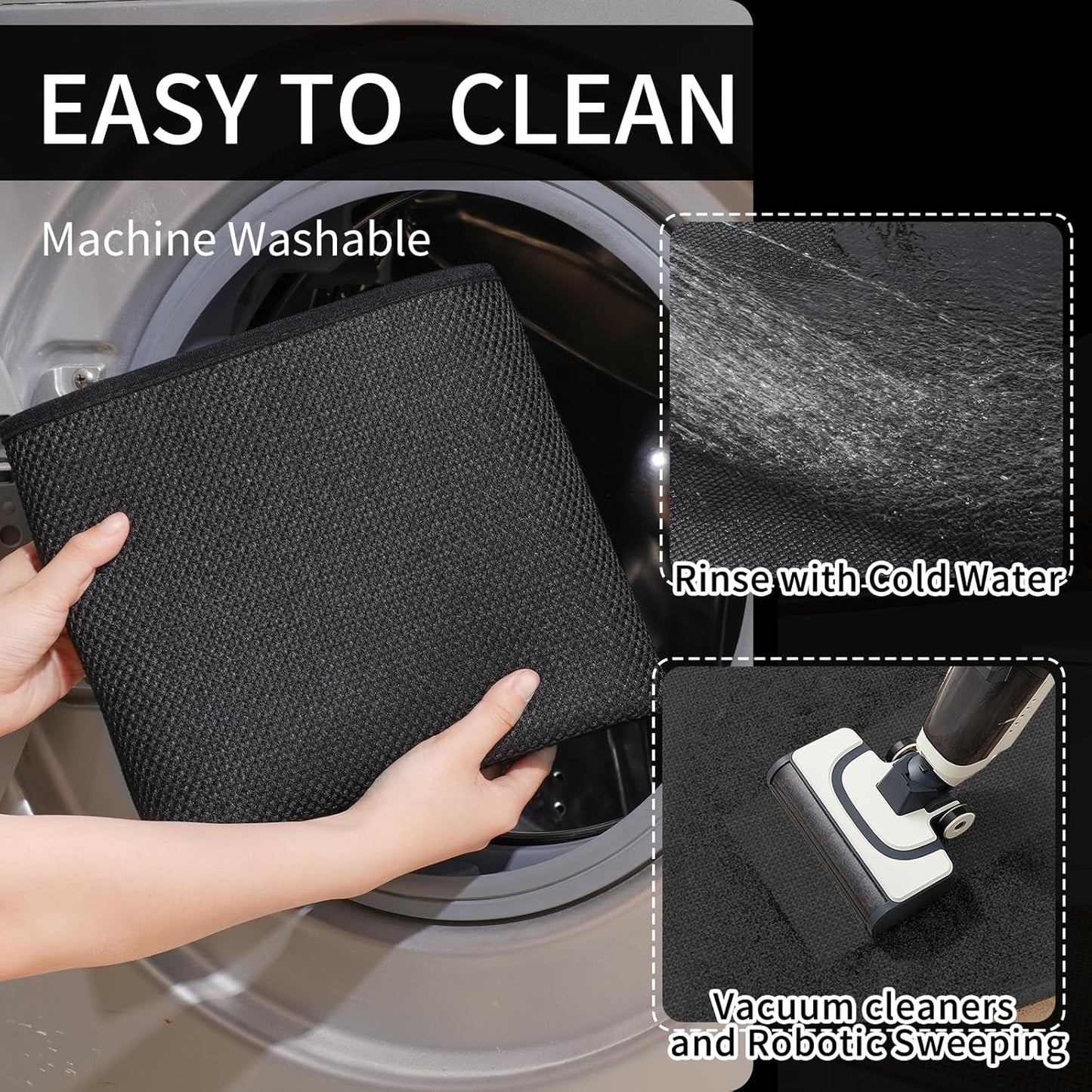 Kitchen Mats for Floor, Super Absorbent Kitchen Rugs Non Slip Washable, Soft Imitation Linen Braided Kitchen Runner Rug, Standing Mat Sink Mat, Easy to Clean, Black 17x47