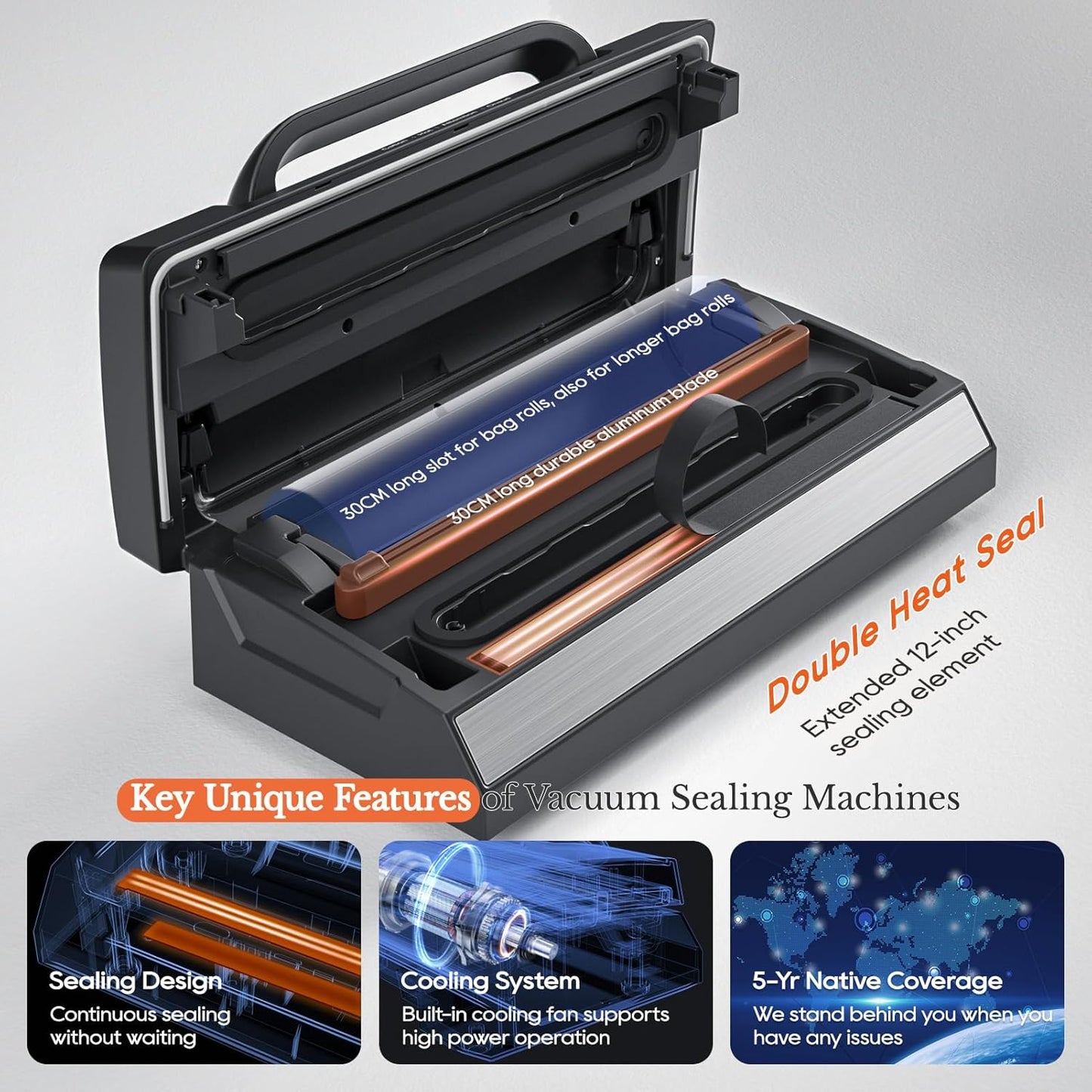 Upgraded Vacuum Sealer for Liquid, SEATAO 90Kpa Vacuum Sealer Machine for Dry/Moist/Liquid Food, Easy-Lock Handle, Double Heat Seal, Built-in Cutter and Bag Storage & Removable Drip Tray