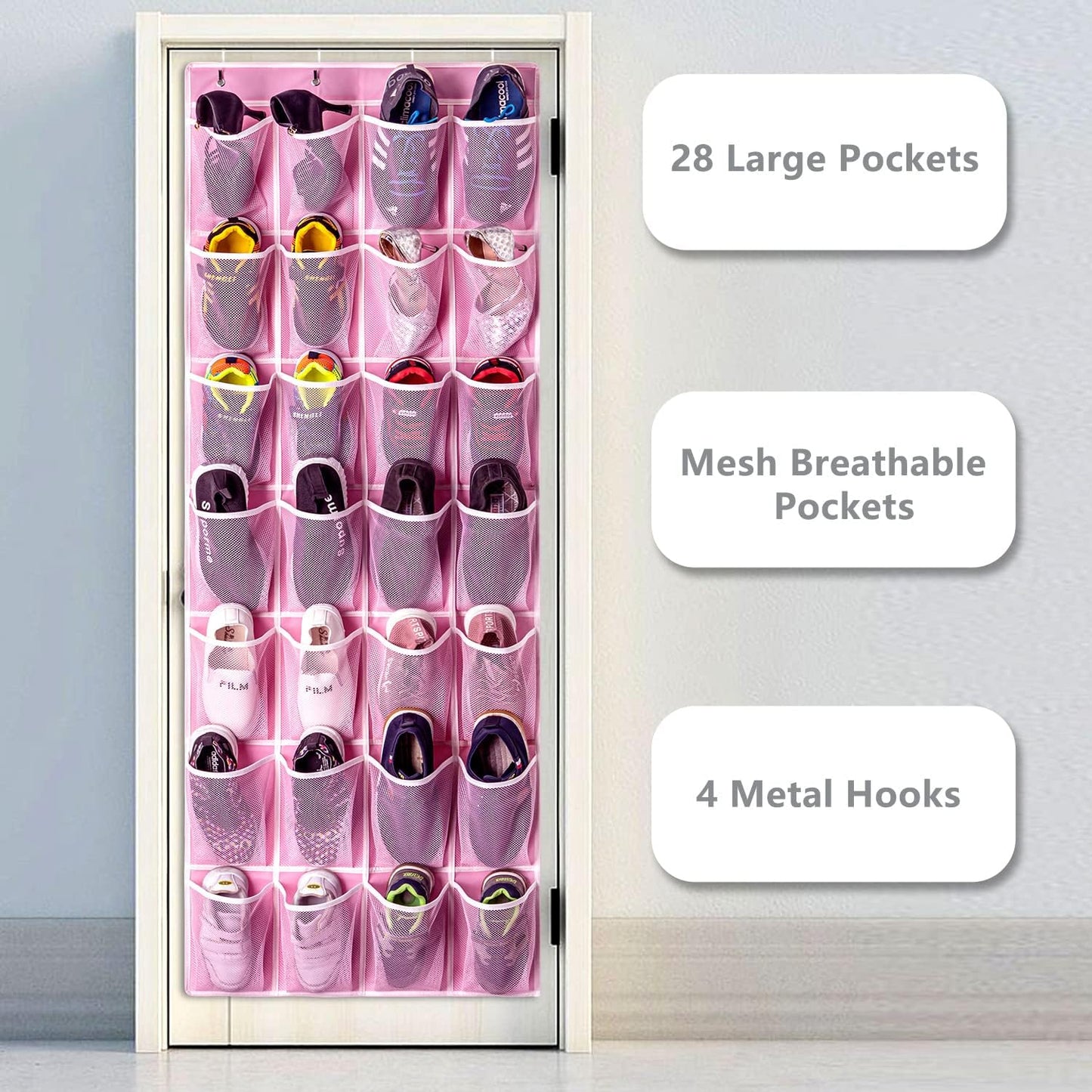 KEEPJOY 28 Pocket Over The Door Shoe Organizer, 2Pack Hanging Shoe Organizer for Door, Hanging Door Shoe Holder Rack with Mesh Pockets Large Size 65 x 23 inch (Pink-2Pack)